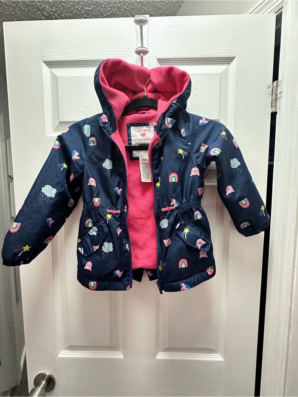 Carter's Navy Hooded Raincoat with Pink Lining and Rainbow Print